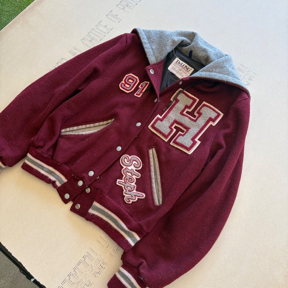 Vintage 80s/90s DeLONG Varsity Jacket With Hood